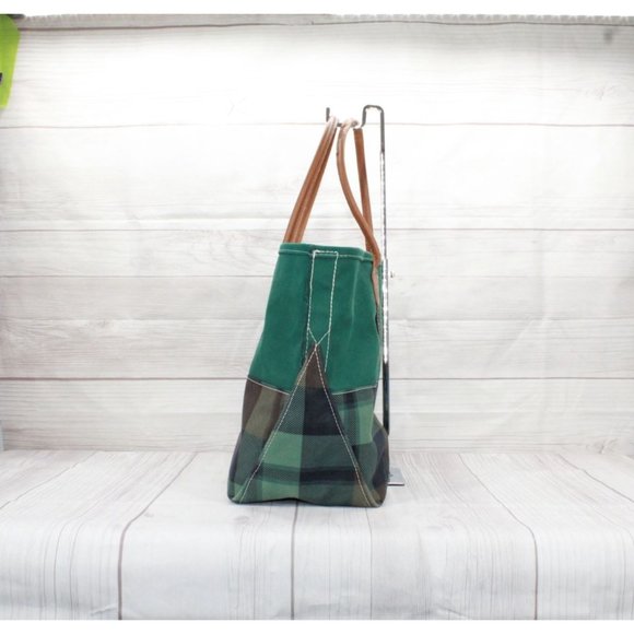 LL Bean Green Plaid Canvas Leather Handles Everyday Tote Bag - Picture 2 of 8